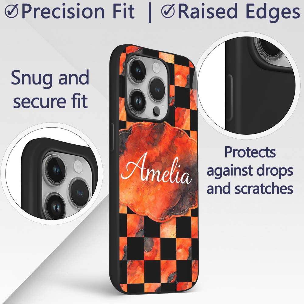 Abstract Orange Black Checkered Marble Geometric Custom Name Protective Phone Case Mobile Cover Durable Everyday Smartphone Shock Resistant