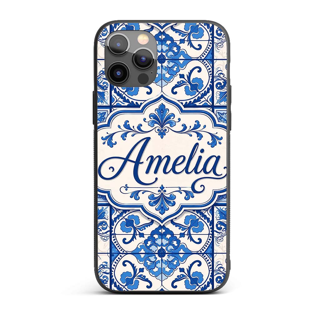 Blue White Classic Decorative Tile Printed Design Custom Name Protective Phone Case Mobile Cover Durable Everyday Smartphone Shock Resistant
