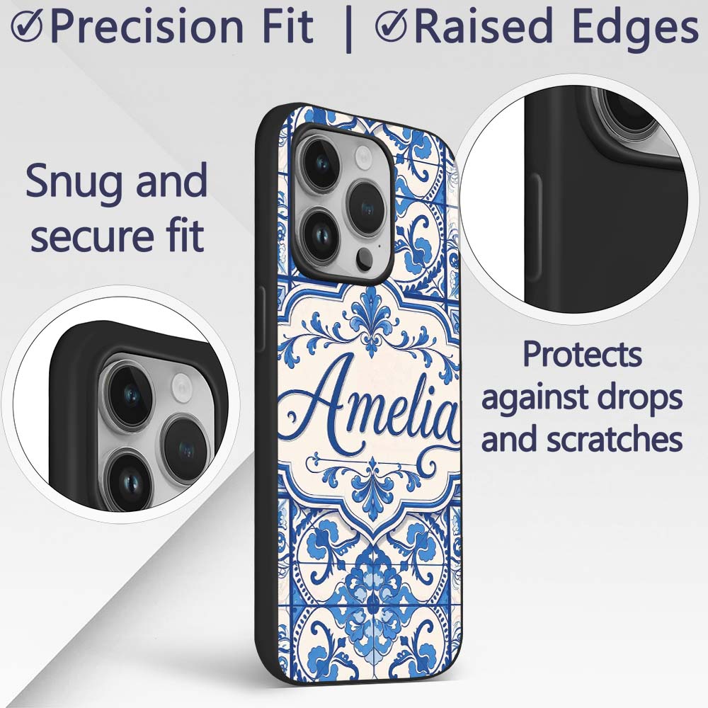 Blue White Classic Decorative Tile Printed Design Custom Name Protective Phone Case Mobile Cover Durable Everyday Smartphone Shock Resistant