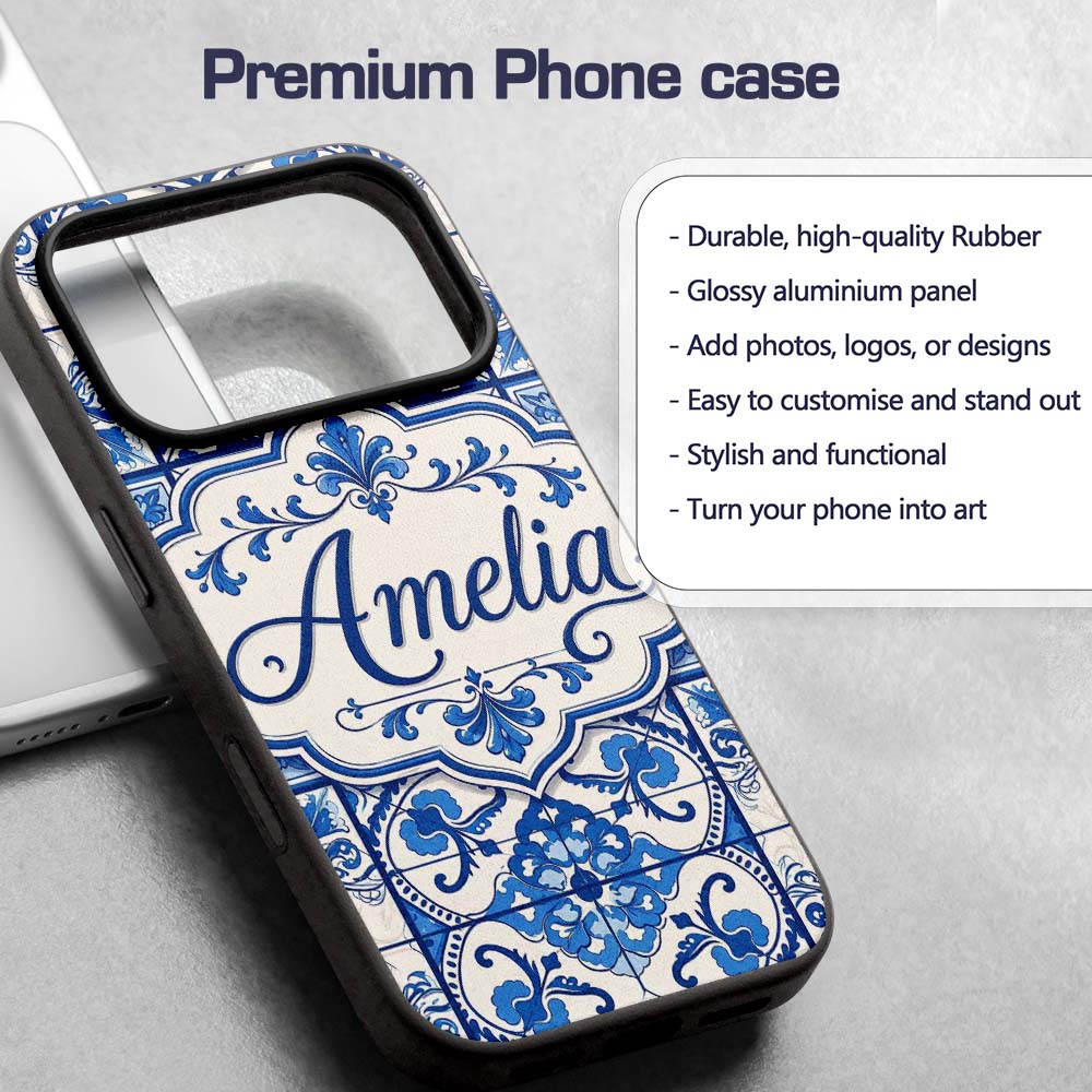 Blue White Classic Decorative Tile Printed Design Custom Name Protective Phone Case Mobile Cover Durable Everyday Smartphone Shock Resistant