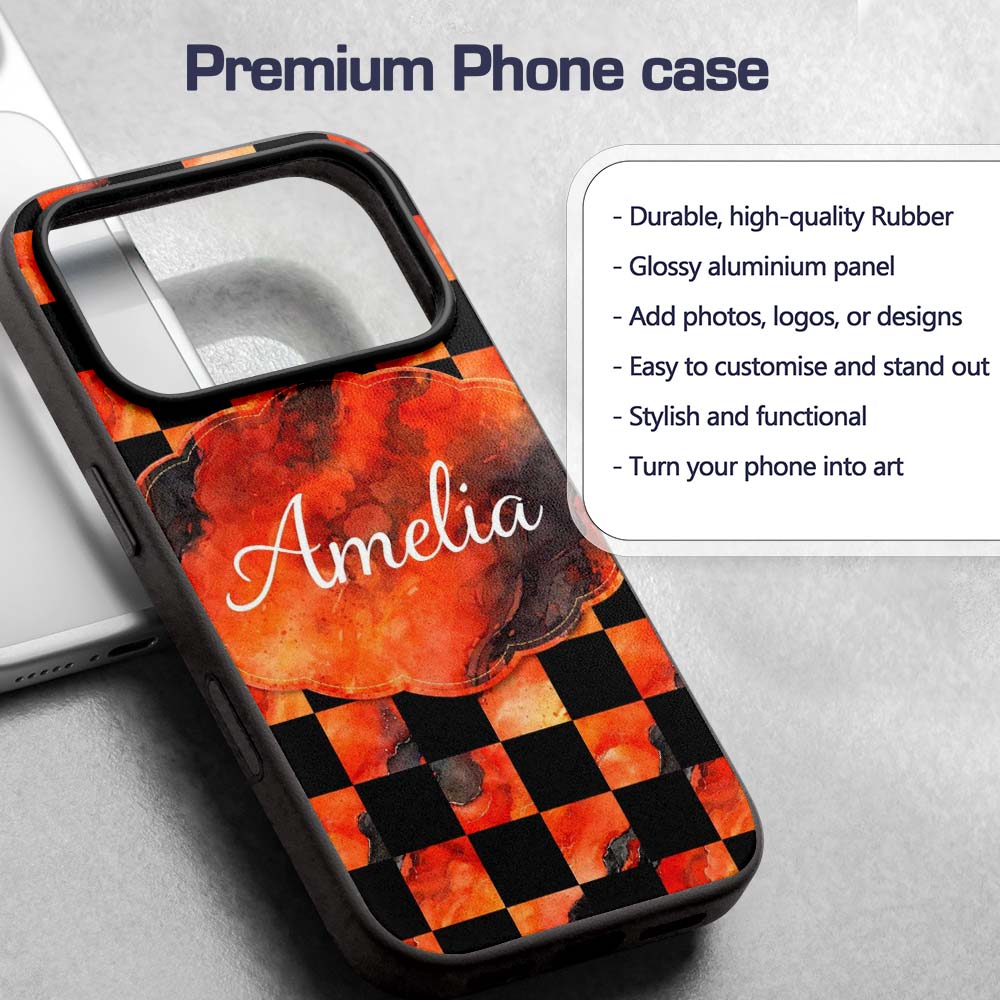 Abstract Orange Black Checkered Marble Geometric Custom Name Protective Phone Case Mobile Cover Durable Everyday Smartphone Shock Resistant