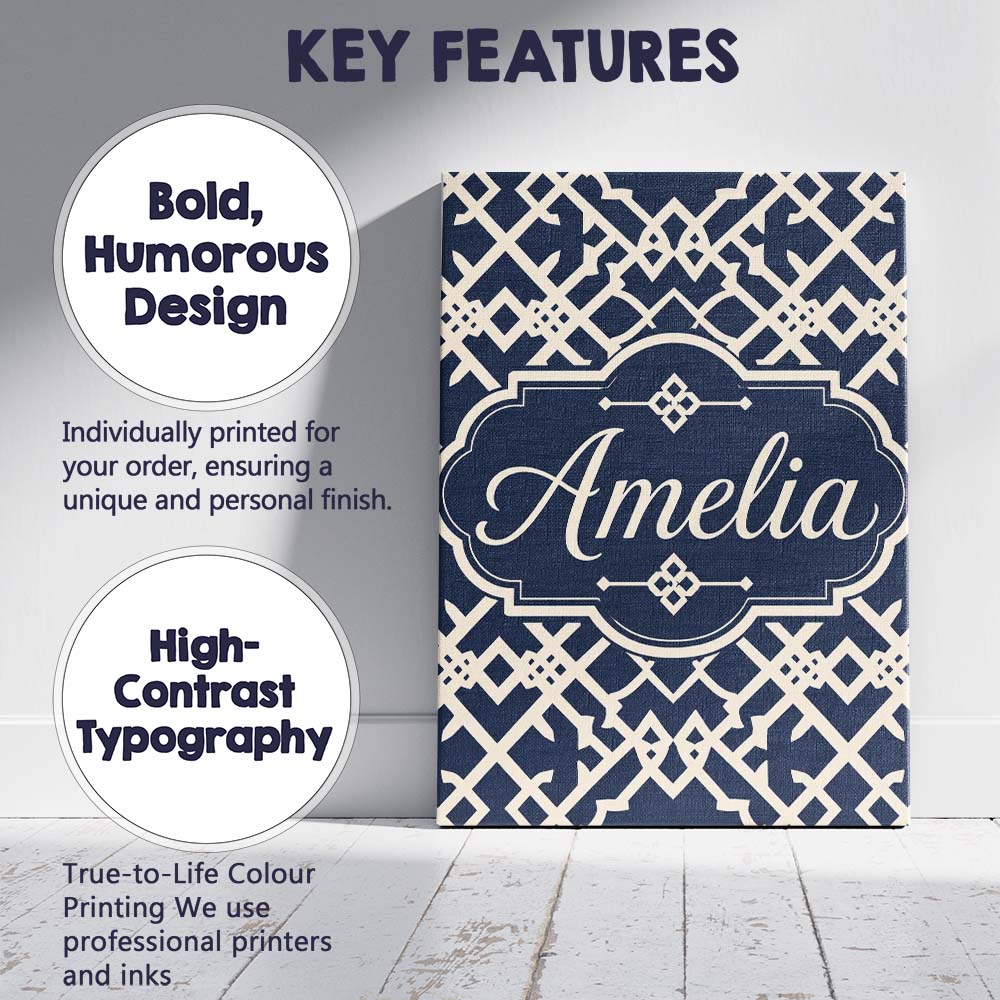 Personalised Name Navy Blue Moroccan Custom Premium Decorative Design Modern Room Accent Canvas Wall Art Print Decor Picture Ready to Hang