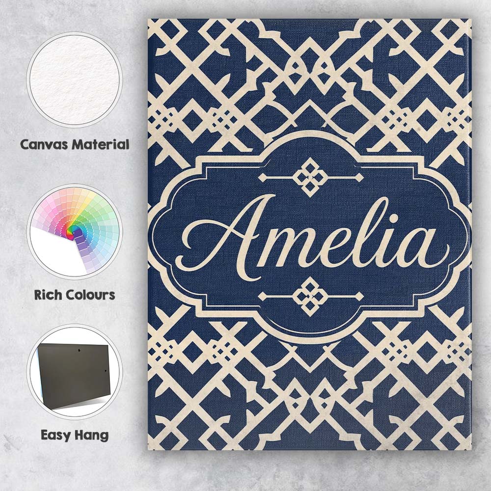 Personalised Name Navy Blue Moroccan Custom Premium Decorative Design Modern Room Accent Canvas Wall Art Print Decor Picture Ready to Hang