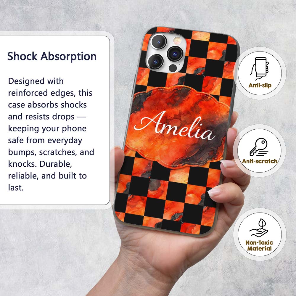 Abstract Orange Black Checkered Marble Geometric Custom Name Protective Phone Case Mobile Cover Durable Everyday Smartphone Shock Resistant