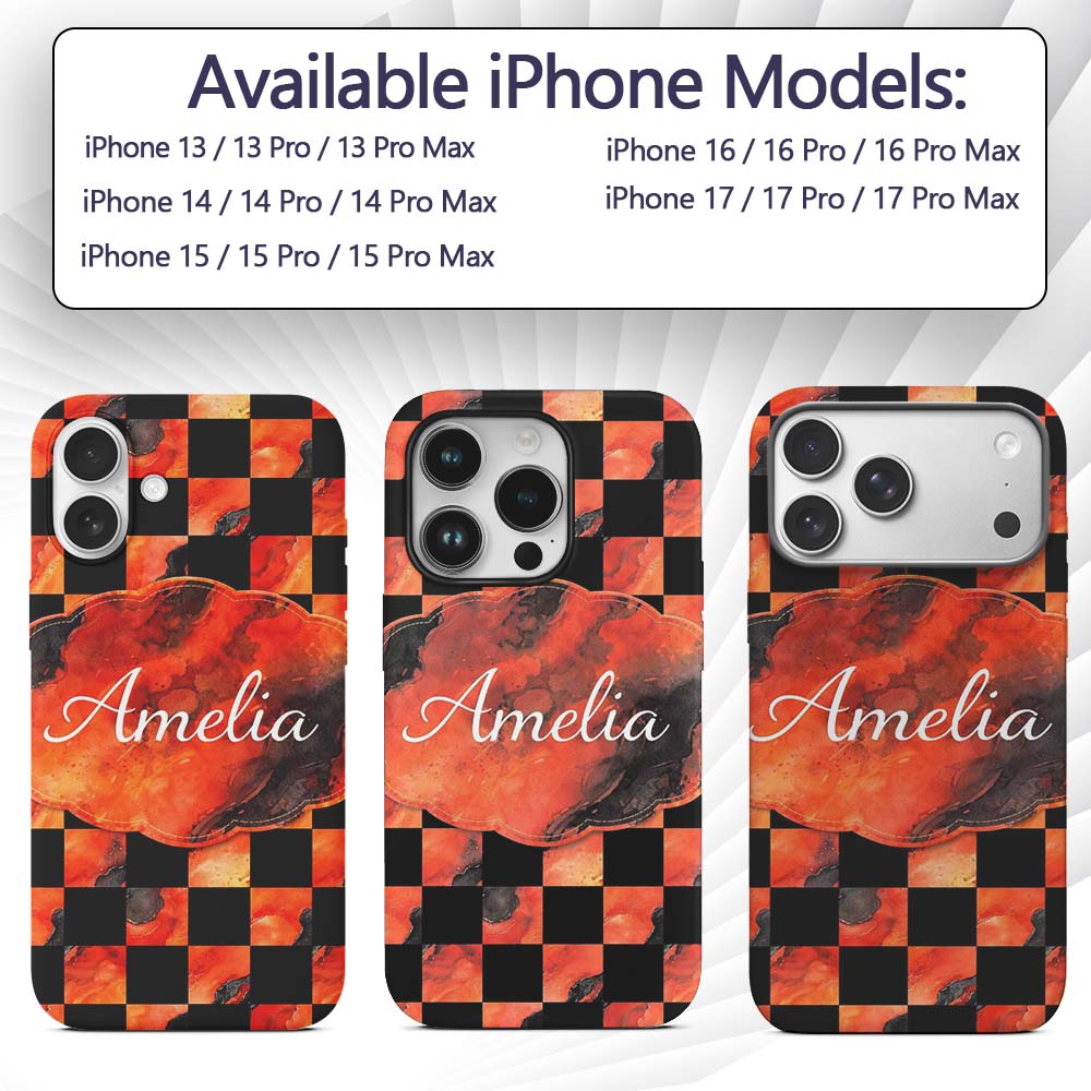 Abstract Orange Black Checkered Marble Geometric Custom Name Protective Phone Case Mobile Cover Durable Everyday Smartphone Shock Resistant