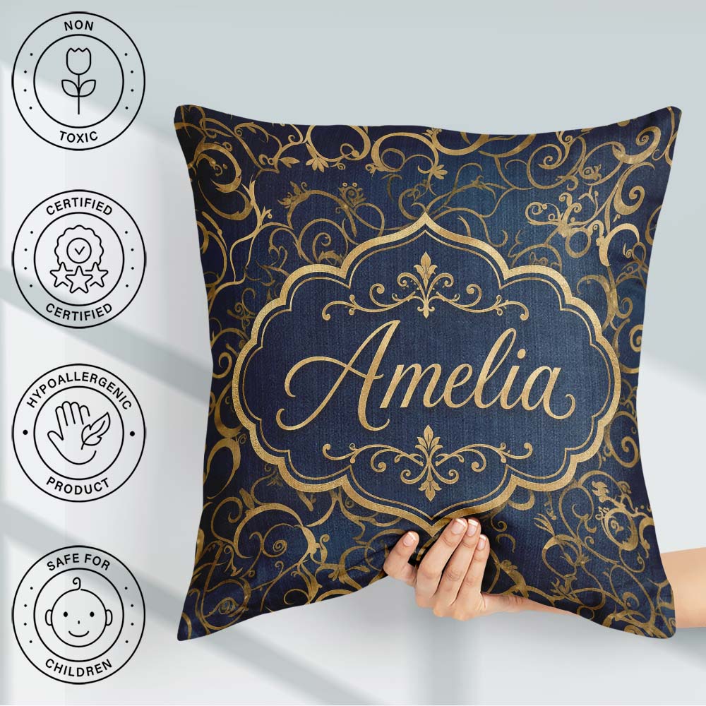 Custom Name Luxury Gold Floral Vine Scroll on Deep Blue Seamless Square Filled Cushion Throw Pillow Sofa Bed Home Decor Zip Washable UK Made