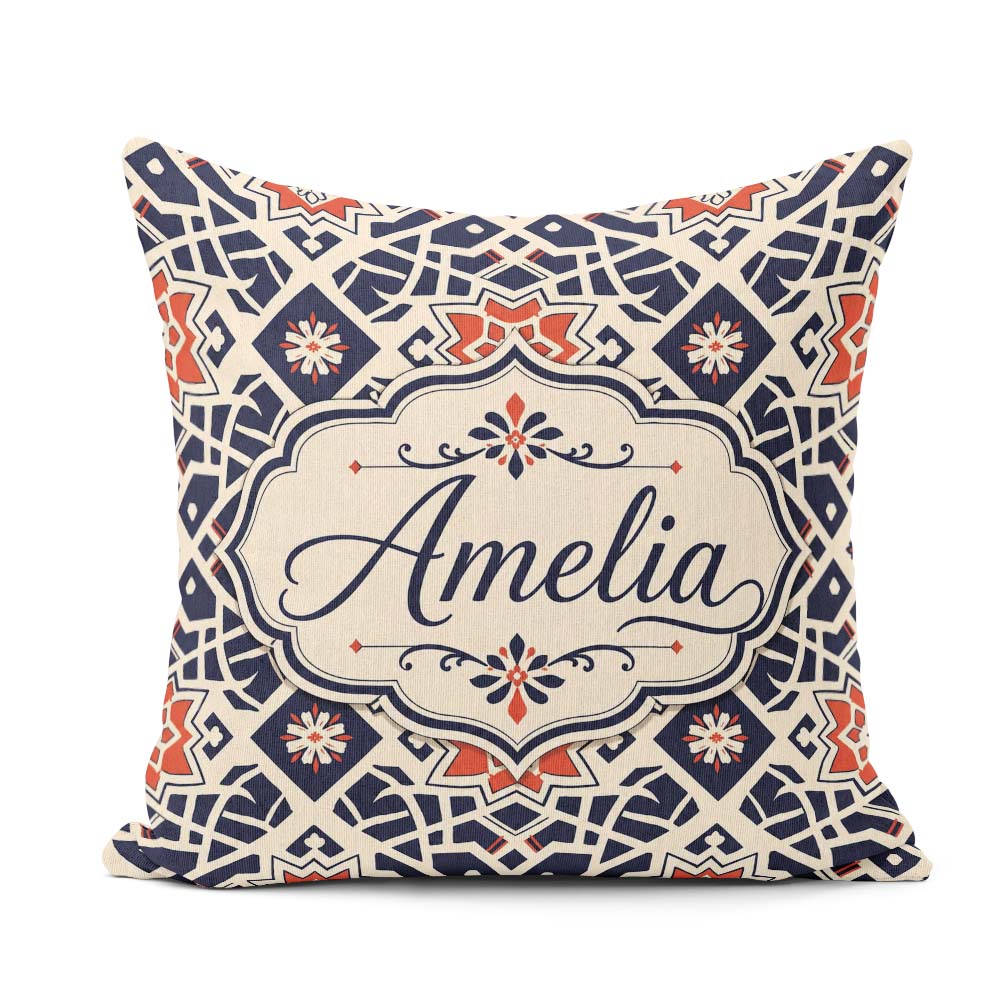 Custom Name Navy Red Geometric Star Tile Seamless Pattern Lovely Square Filled Cushion Throw Pillow Sofa Bed Home Decor Zip Washable UK Made