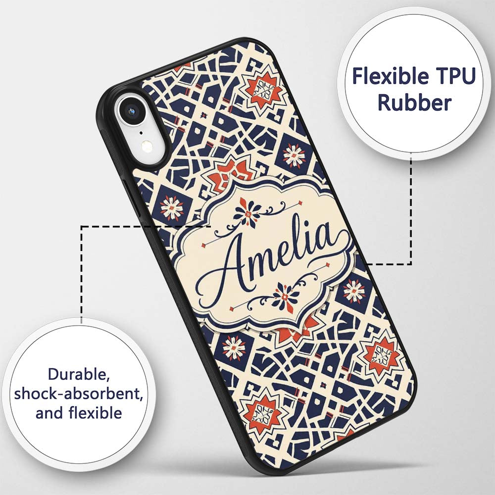 Navy Red Geometric Star Tile Decorative Design Custom Name Protective Phone Case Mobile Cover Durable Everyday Smartphone Shock Resistant