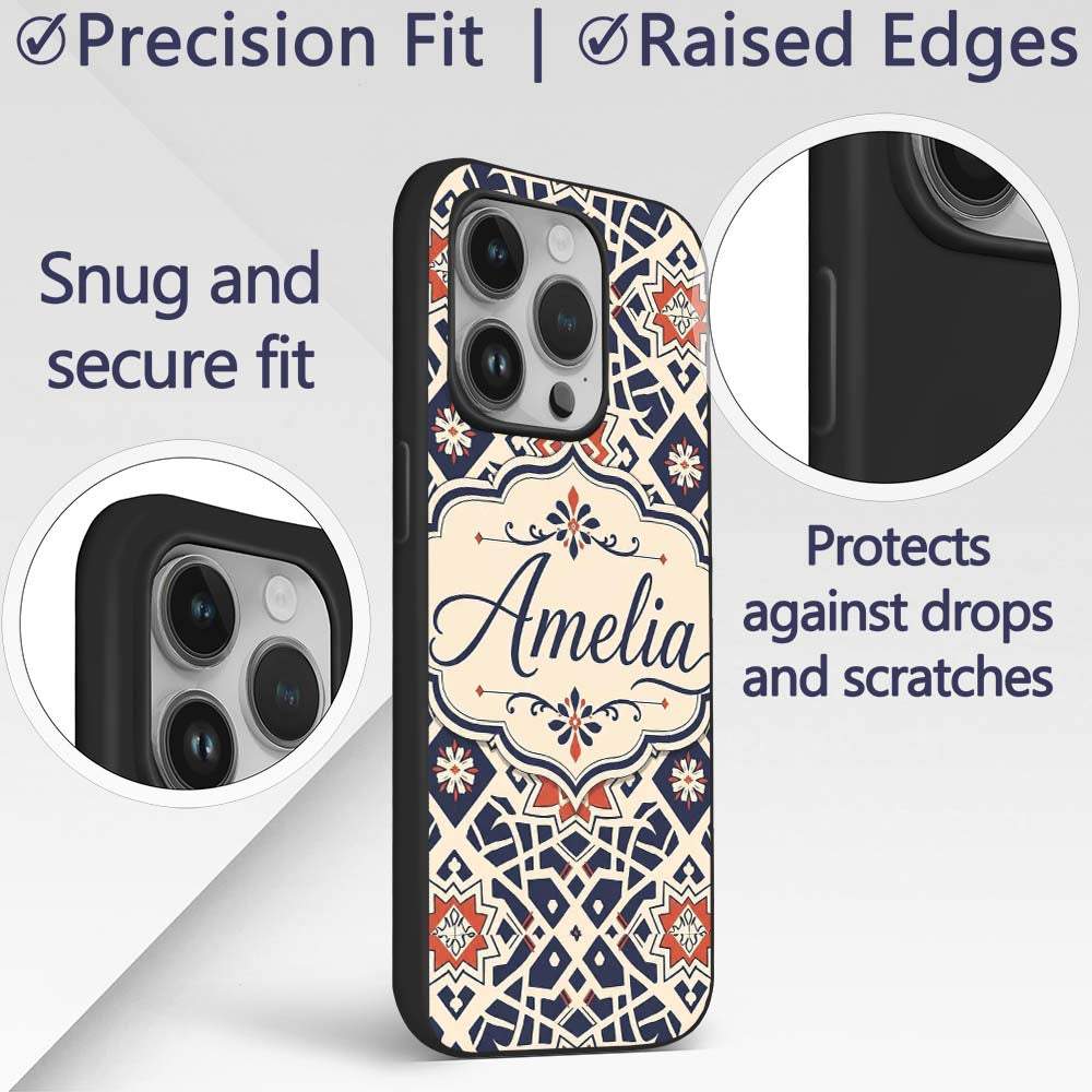 Navy Red Geometric Star Tile Decorative Design Custom Name Protective Phone Case Mobile Cover Durable Everyday Smartphone Shock Resistant