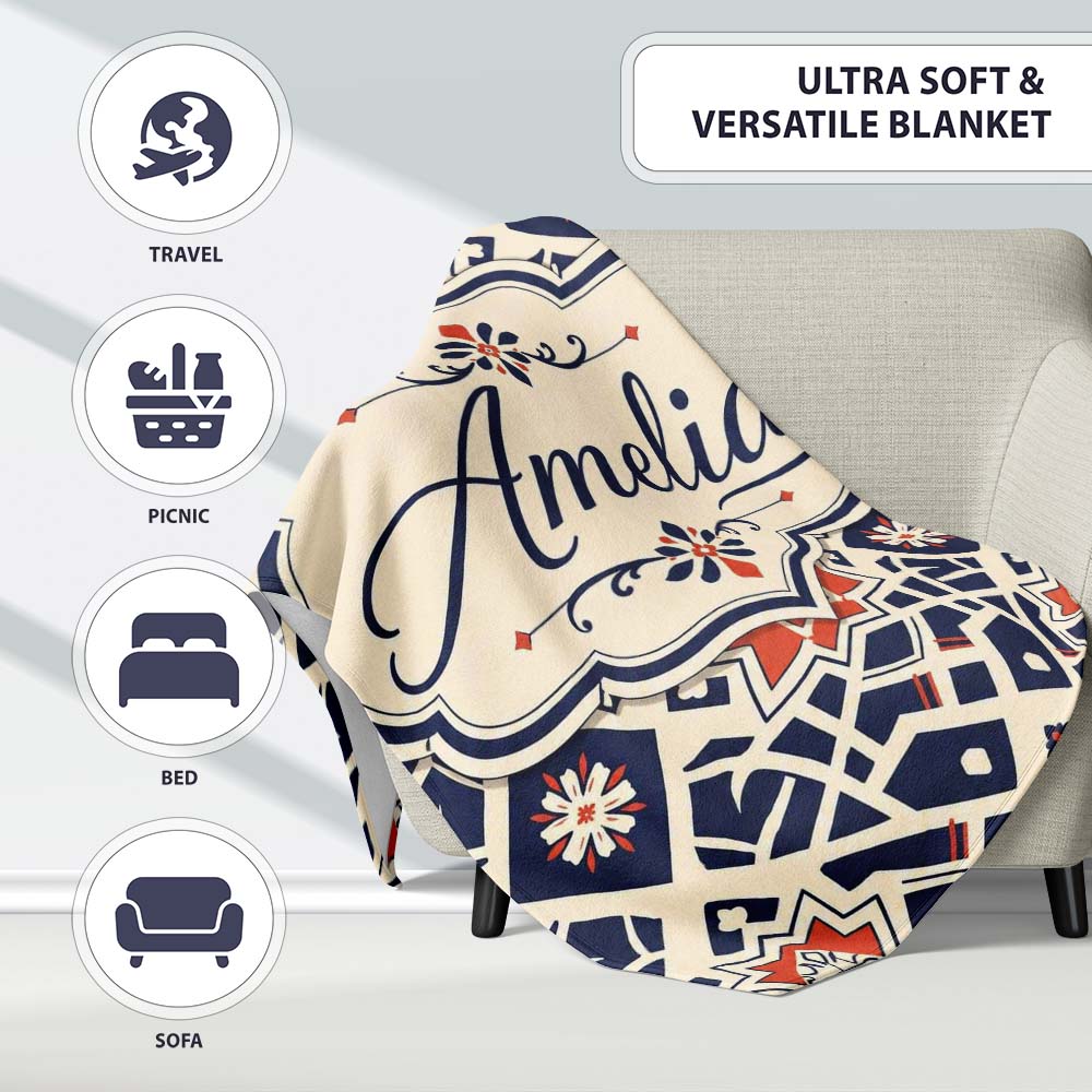 Navy Red Geometric Star Tile Mediterranean Seamless Pattern Lovely Personalised Custom Name Super Soft Fleece Blanket Bed Sofa Throw