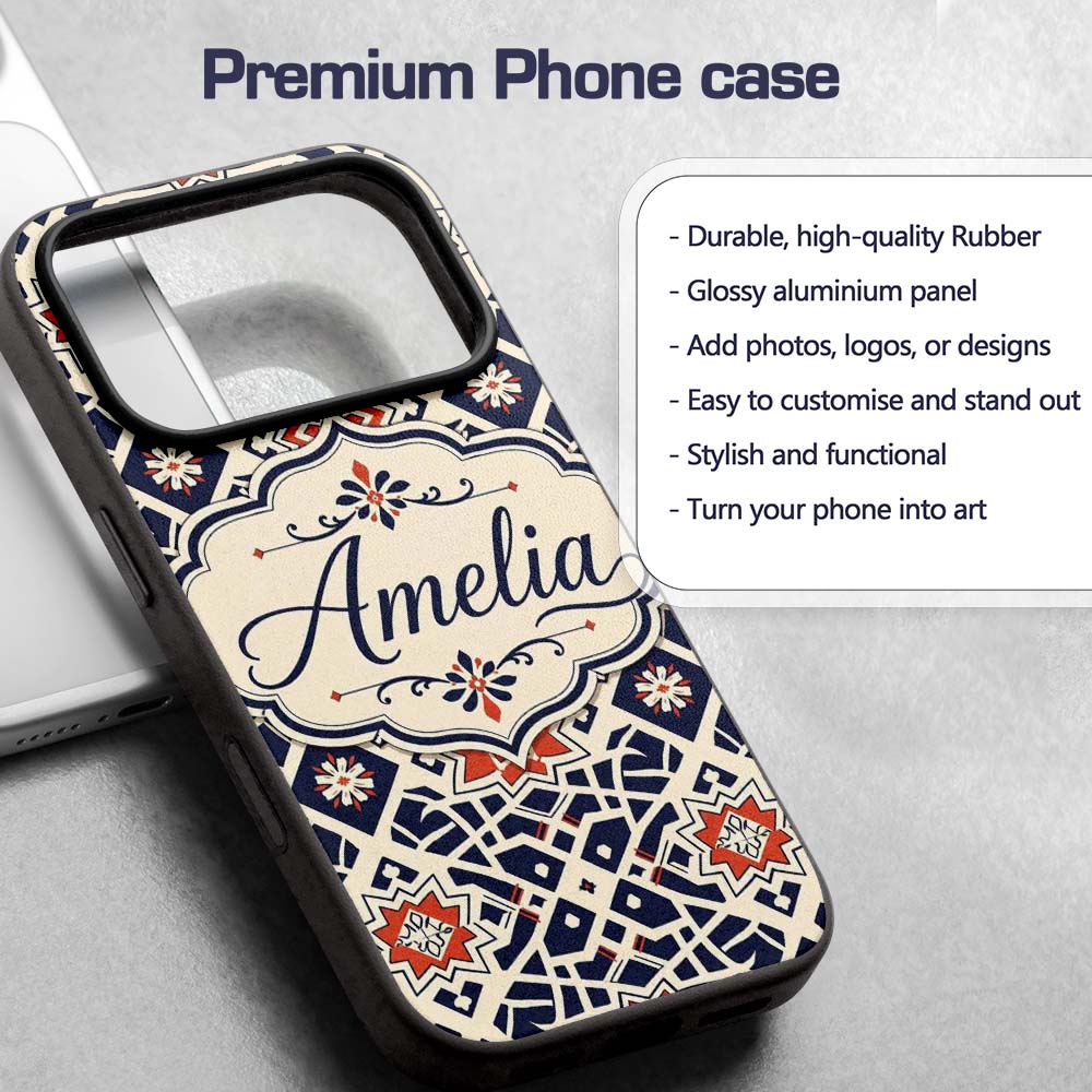 Navy Red Geometric Star Tile Decorative Design Custom Name Protective Phone Case Mobile Cover Durable Everyday Smartphone Shock Resistant