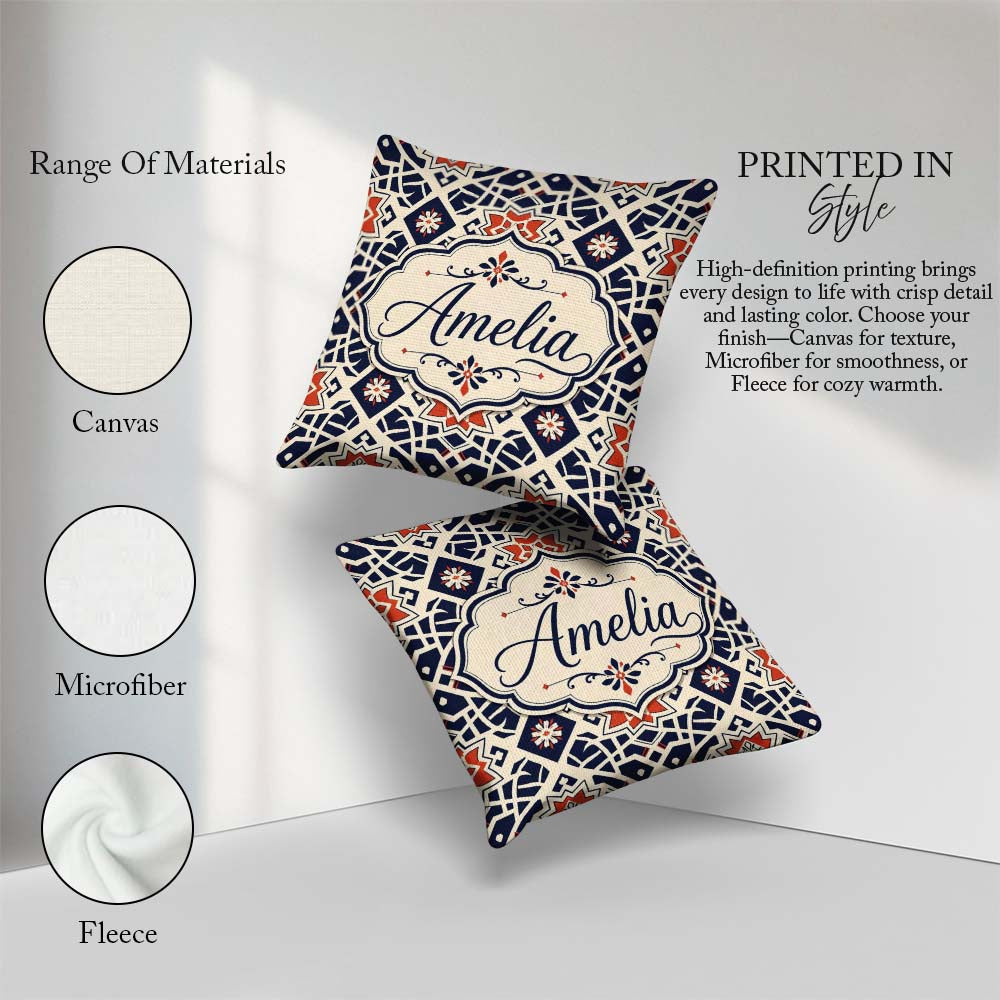 Custom Name Navy Red Geometric Star Tile Seamless Pattern Lovely Square Filled Cushion Throw Pillow Sofa Bed Home Decor Zip Washable UK Made