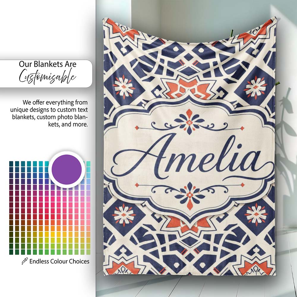 Navy Red Geometric Star Tile Mediterranean Seamless Pattern Lovely Personalised Custom Name Super Soft Fleece Blanket Bed Sofa Throw
