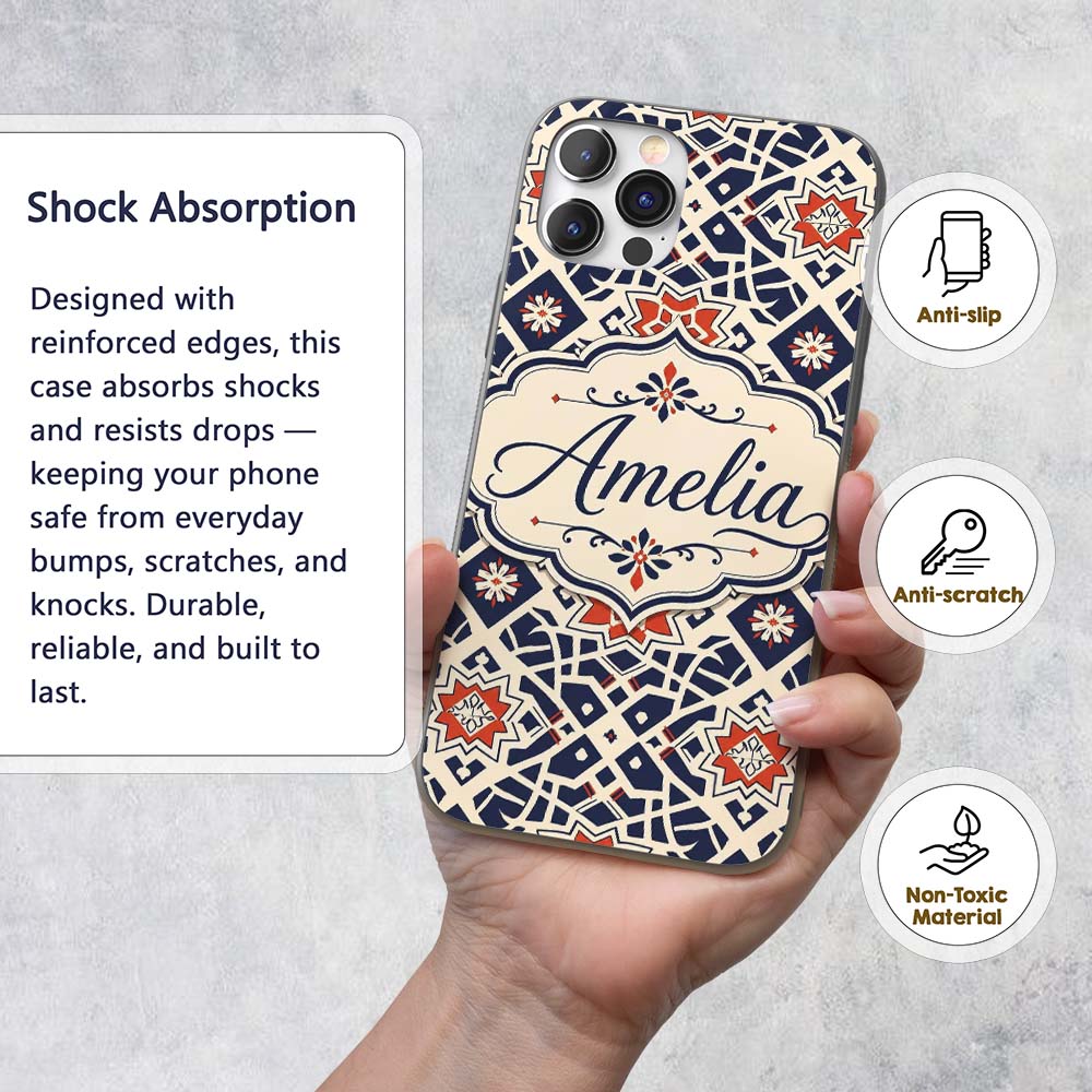 Navy Red Geometric Star Tile Decorative Design Custom Name Protective Phone Case Mobile Cover Durable Everyday Smartphone Shock Resistant