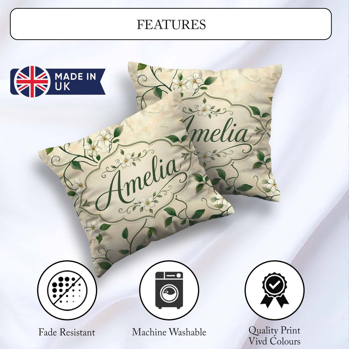 Custom Name Delicate White Floral Vine on Textured Beige Elegant Square Filled Cushion Throw Pillow Sofa Bed Home Decor Zip Washable UK Made