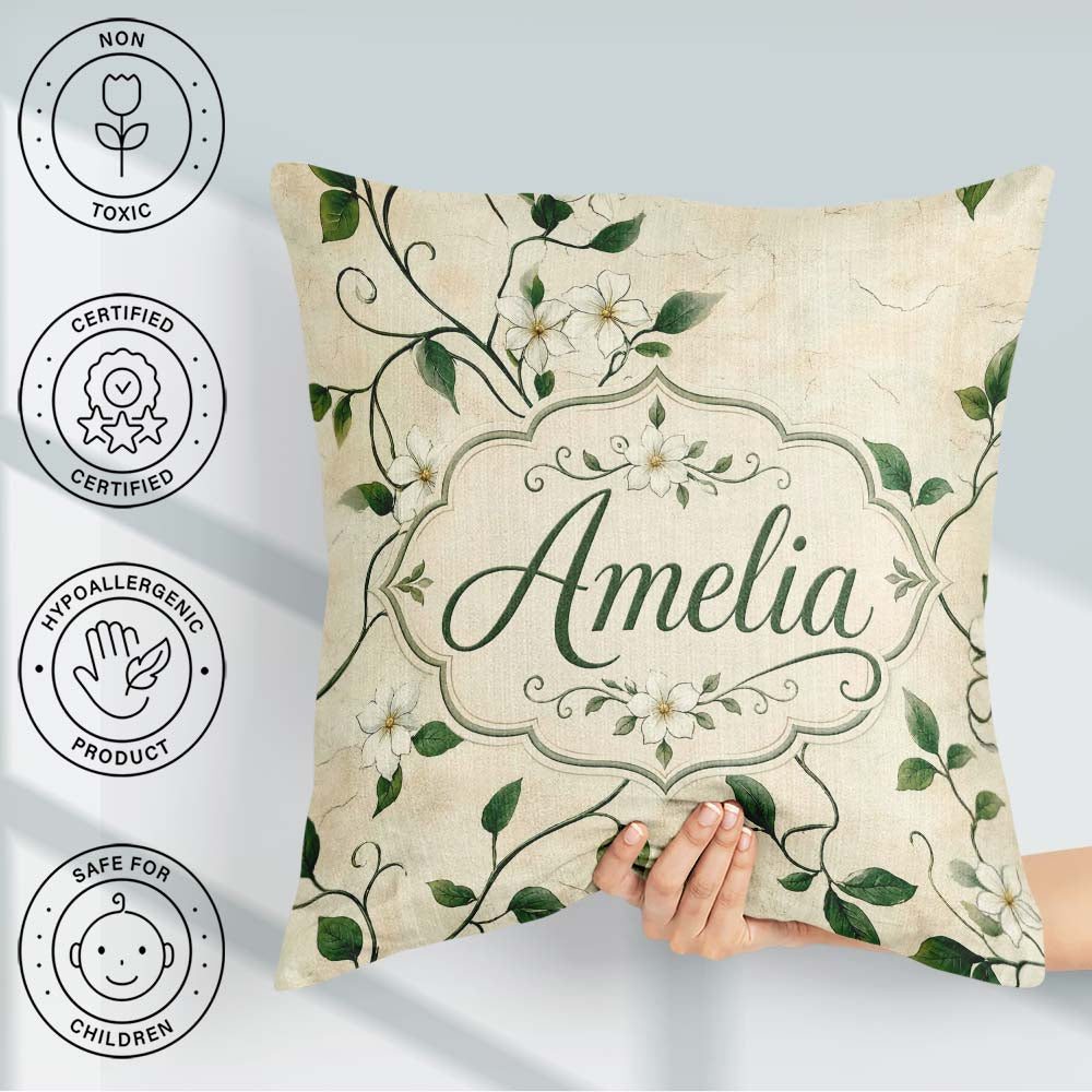 Custom Name Delicate White Floral Vine on Textured Beige Elegant Square Filled Cushion Throw Pillow Sofa Bed Home Decor Zip Washable UK Made