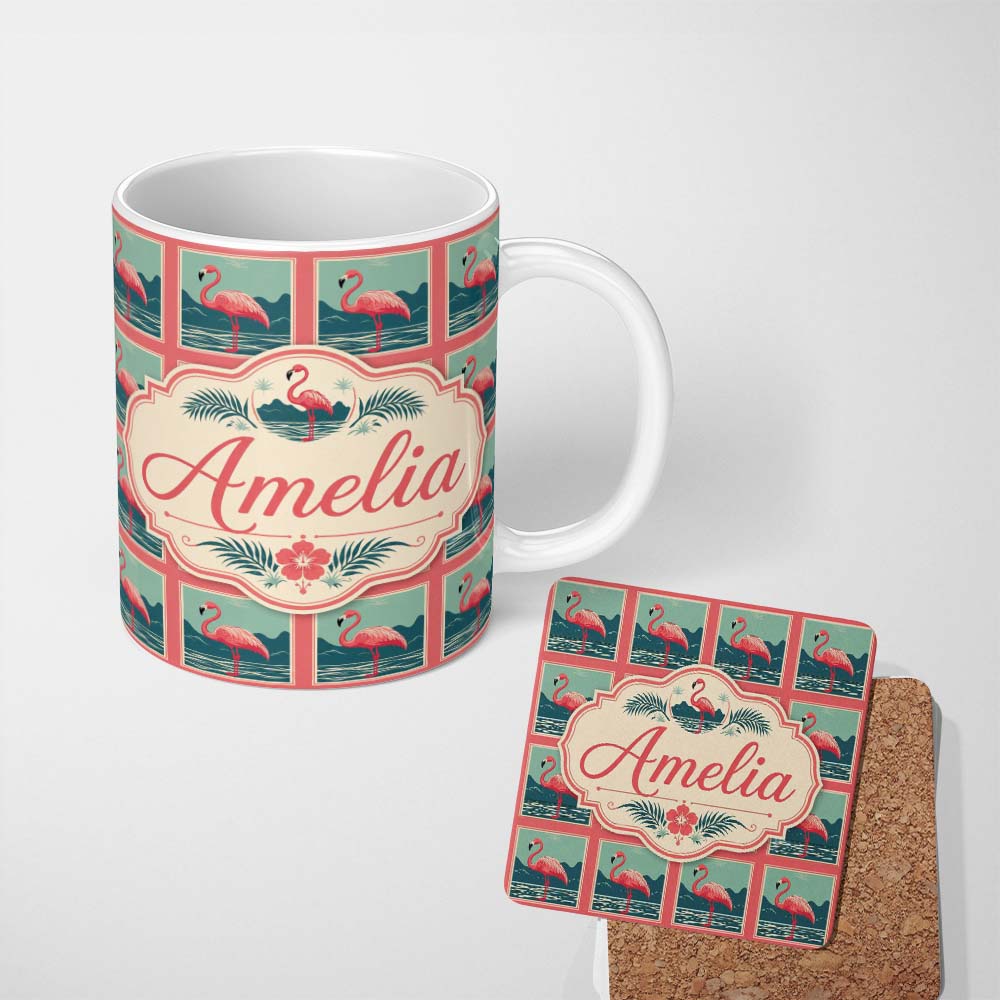 Personalized Custom Name Minimal Flamingo Coastal Frame Pattern Seamless Pattern Lovely 11oz Ceramic Coffee Tea Mug White Large Handle