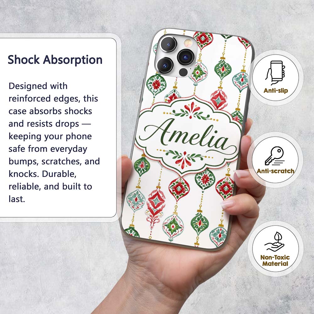 Festive Christmas Ornament Watercolor Hanging Custom Name Protective Phone Case Mobile Cover Durable Everyday Smartphone Shock Resistant