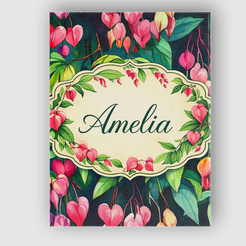 Personalised Name Pink Bleeding Heart Flowers Botanical Watercolor Custom Unique Canvas Wall Art Print Decor Picture Ready to Hang