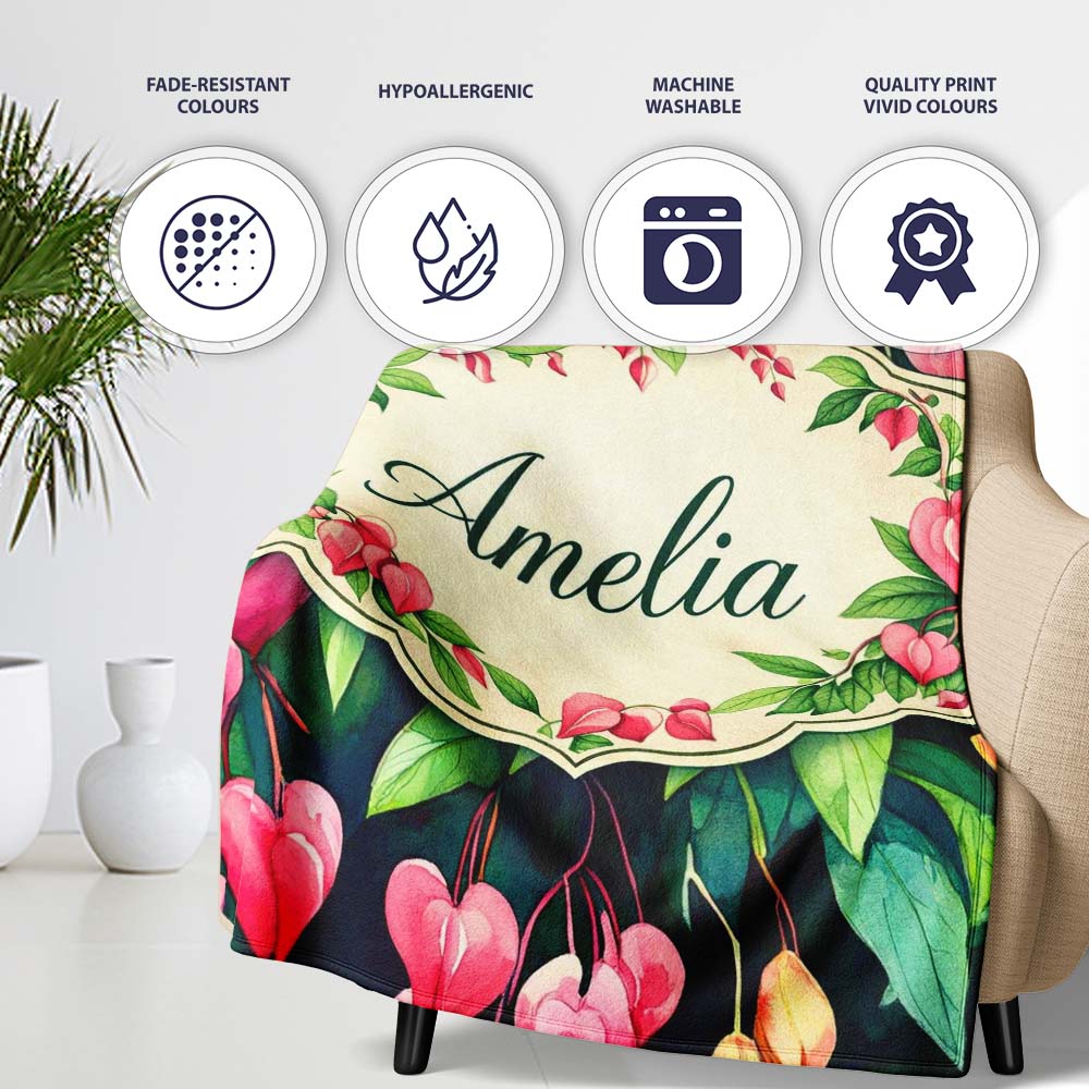 Pink Bleeding Heart Flowers Botanical Watercolor Floral Pattern Personalised Custom Name Super Soft Fleece Blanket Bed Sofa Throw