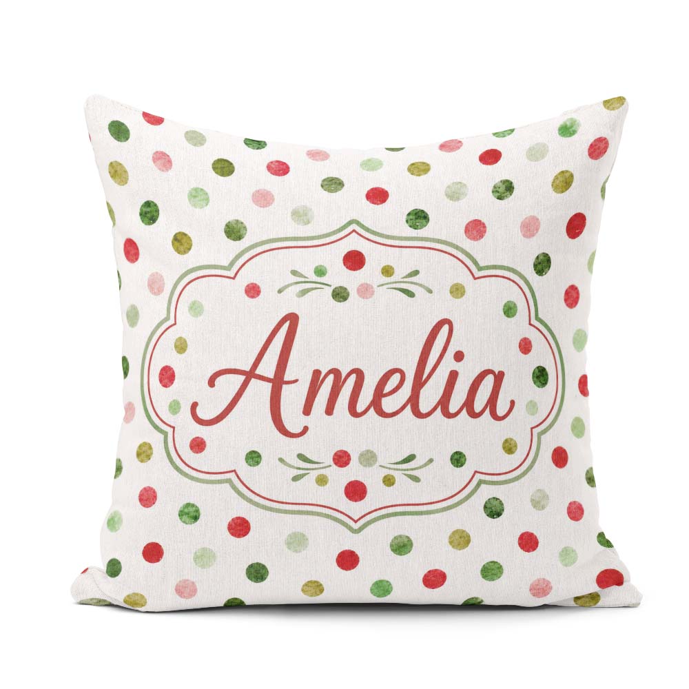 Custom Name Red Green Polka Dot Festive Seamless Pattern Lovely Square Filled Cushion Throw Pillow Sofa Bed Home Decor Zip Washable UK Made