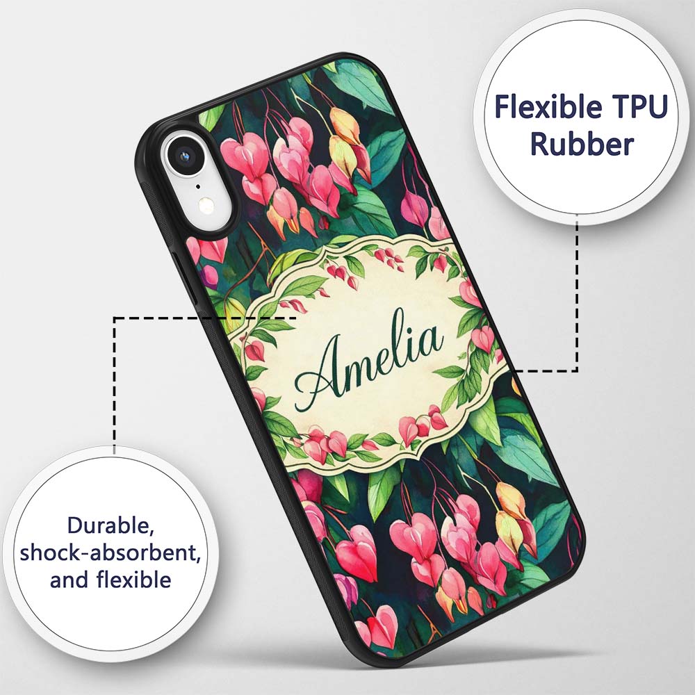 Pink Bleeding Heart Flowers Botanical Watercolor Custom Name Protective Phone Case Mobile Cover Durable Everyday Smartphone Shock Resistant