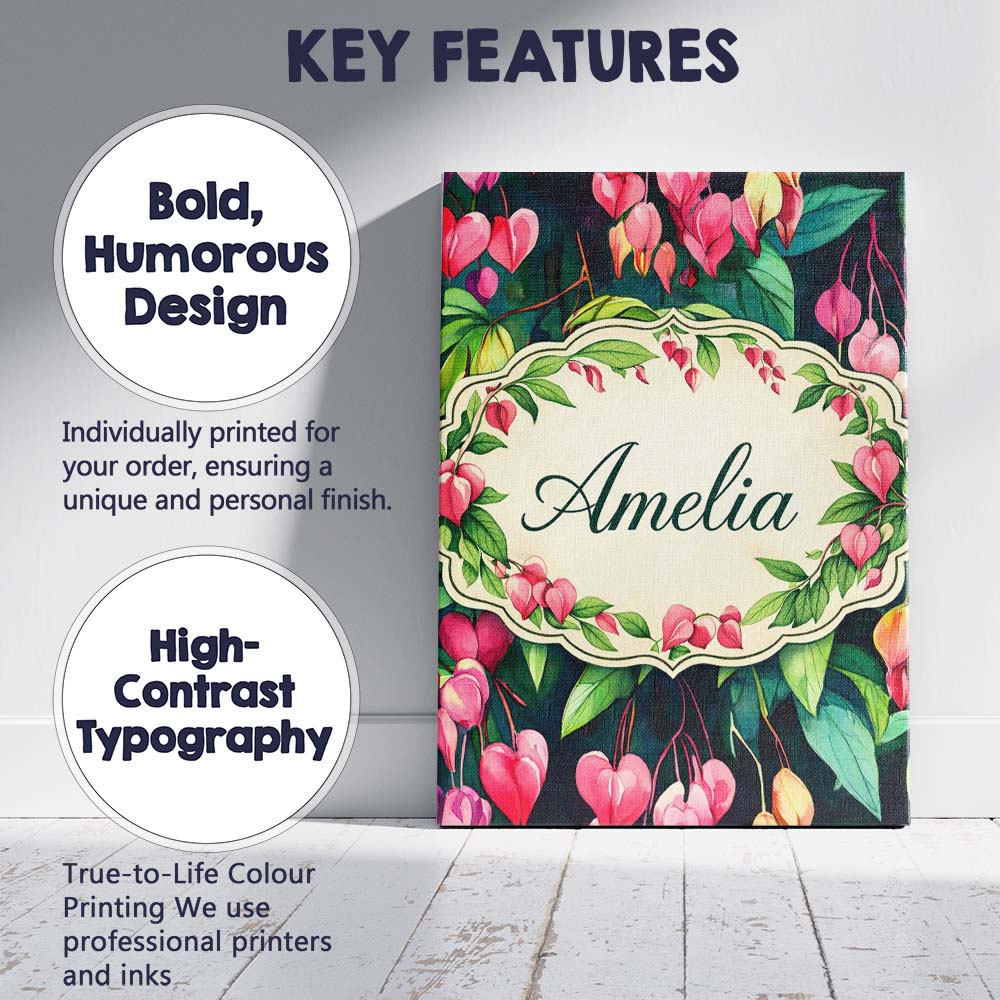 Personalised Name Pink Bleeding Heart Flowers Botanical Watercolor Custom Unique Canvas Wall Art Print Decor Picture Ready to Hang