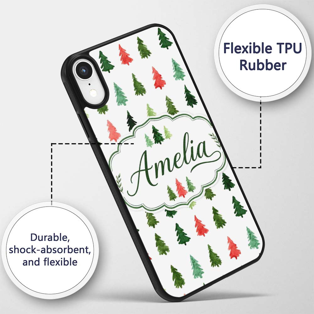 Watercolor Christmas Tree Pattern Green and Red Custom Name Protective Phone Case Mobile Cover Durable Everyday Smartphone Shock Resistant