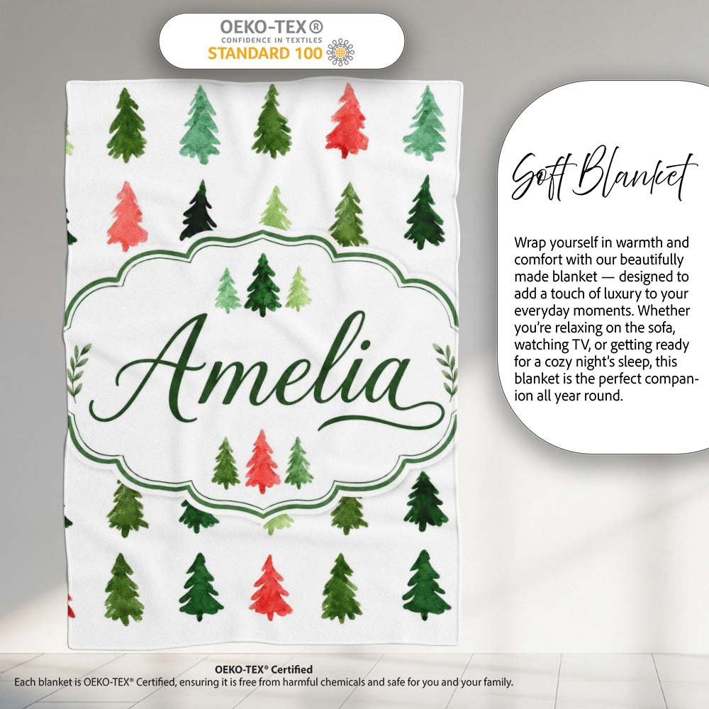 Watercolor Christmas Tree Pattern Green and Red Festive Seamless Personalised Custom Name Super Soft Fleece Blanket Bed Sofa Throw