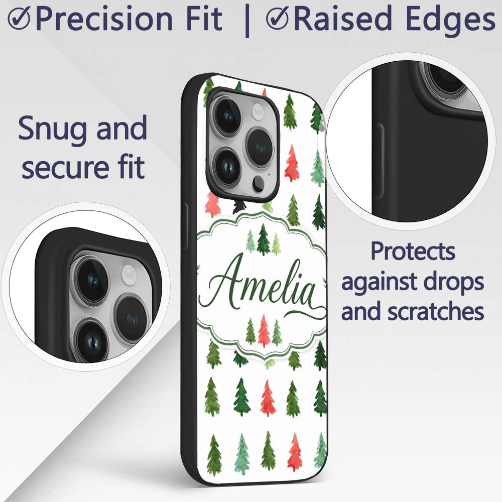 Watercolor Christmas Tree Pattern Green and Red Custom Name Protective Phone Case Mobile Cover Durable Everyday Smartphone Shock Resistant