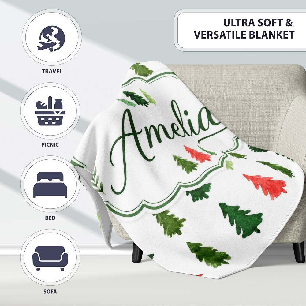 Watercolor Christmas Tree Pattern Green and Red Festive Seamless Personalised Custom Name Super Soft Fleece Blanket Bed Sofa Throw