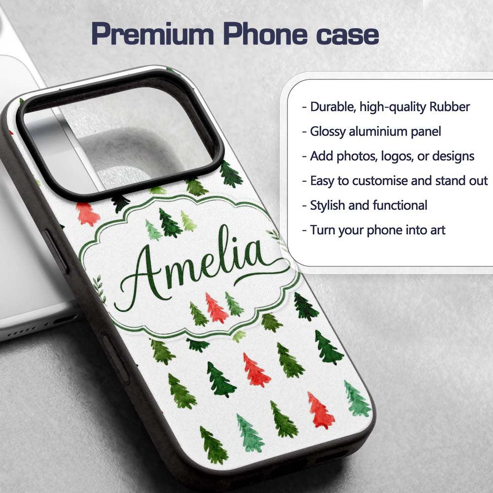 Watercolor Christmas Tree Pattern Green and Red Custom Name Protective Phone Case Mobile Cover Durable Everyday Smartphone Shock Resistant