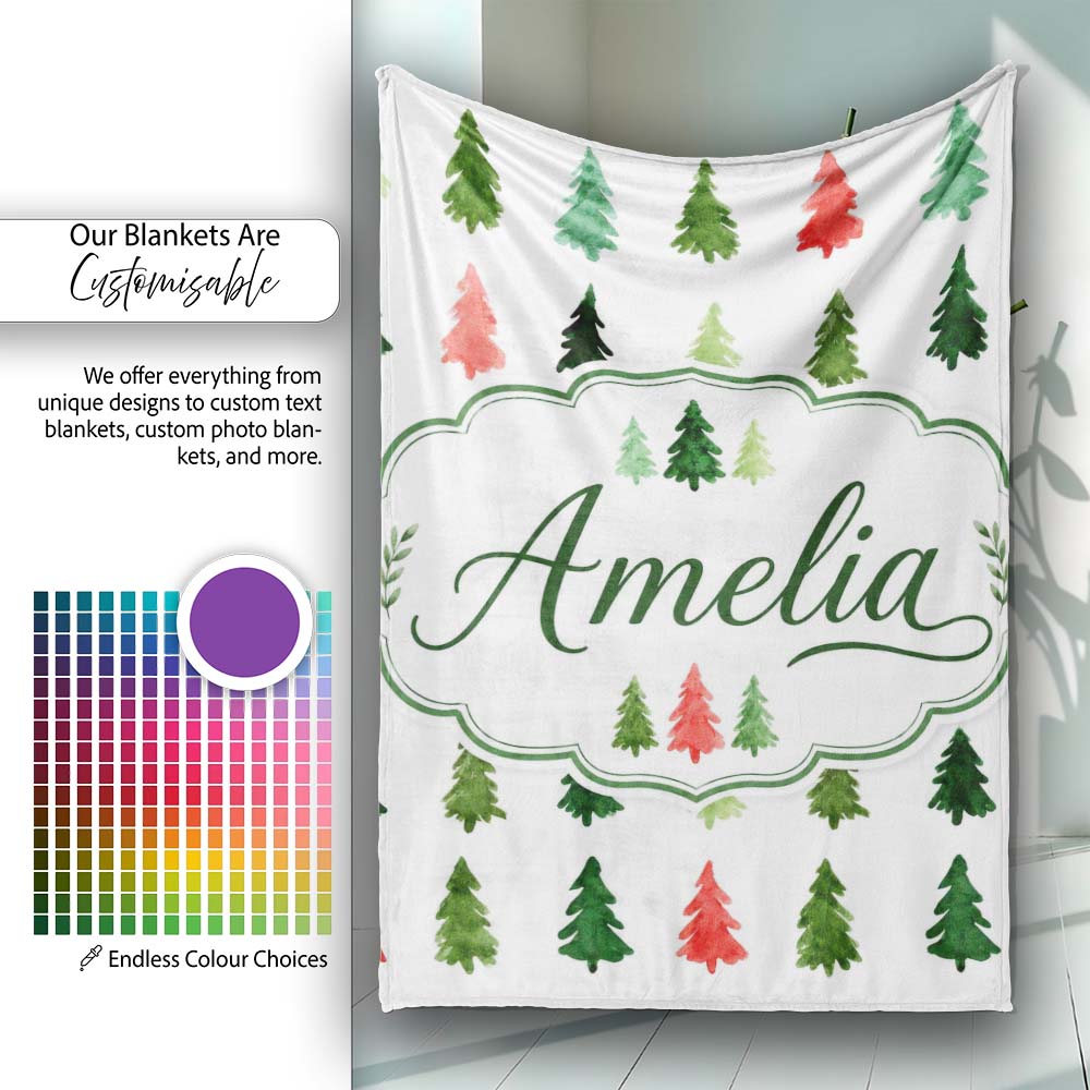 Watercolor Christmas Tree Pattern Green and Red Festive Seamless Personalised Custom Name Super Soft Fleece Blanket Bed Sofa Throw