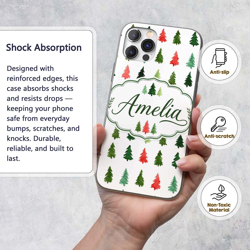 Watercolor Christmas Tree Pattern Green and Red Custom Name Protective Phone Case Mobile Cover Durable Everyday Smartphone Shock Resistant