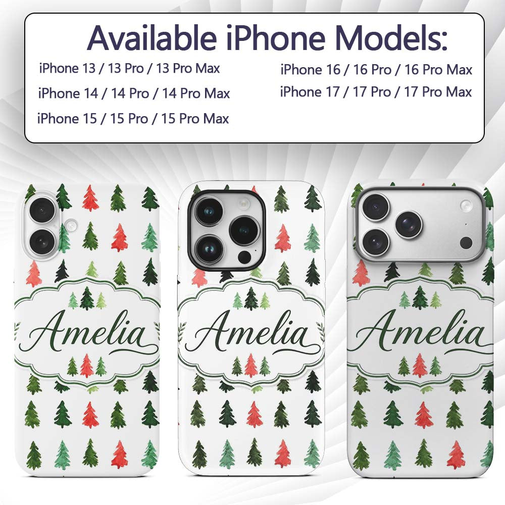 Watercolor Christmas Tree Pattern Green and Red Custom Name Protective Phone Case Mobile Cover Durable Everyday Smartphone Shock Resistant