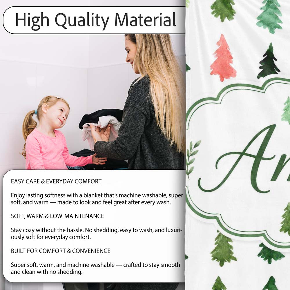 Watercolor Christmas Tree Pattern Green and Red Festive Seamless Personalised Custom Name Super Soft Fleece Blanket Bed Sofa Throw