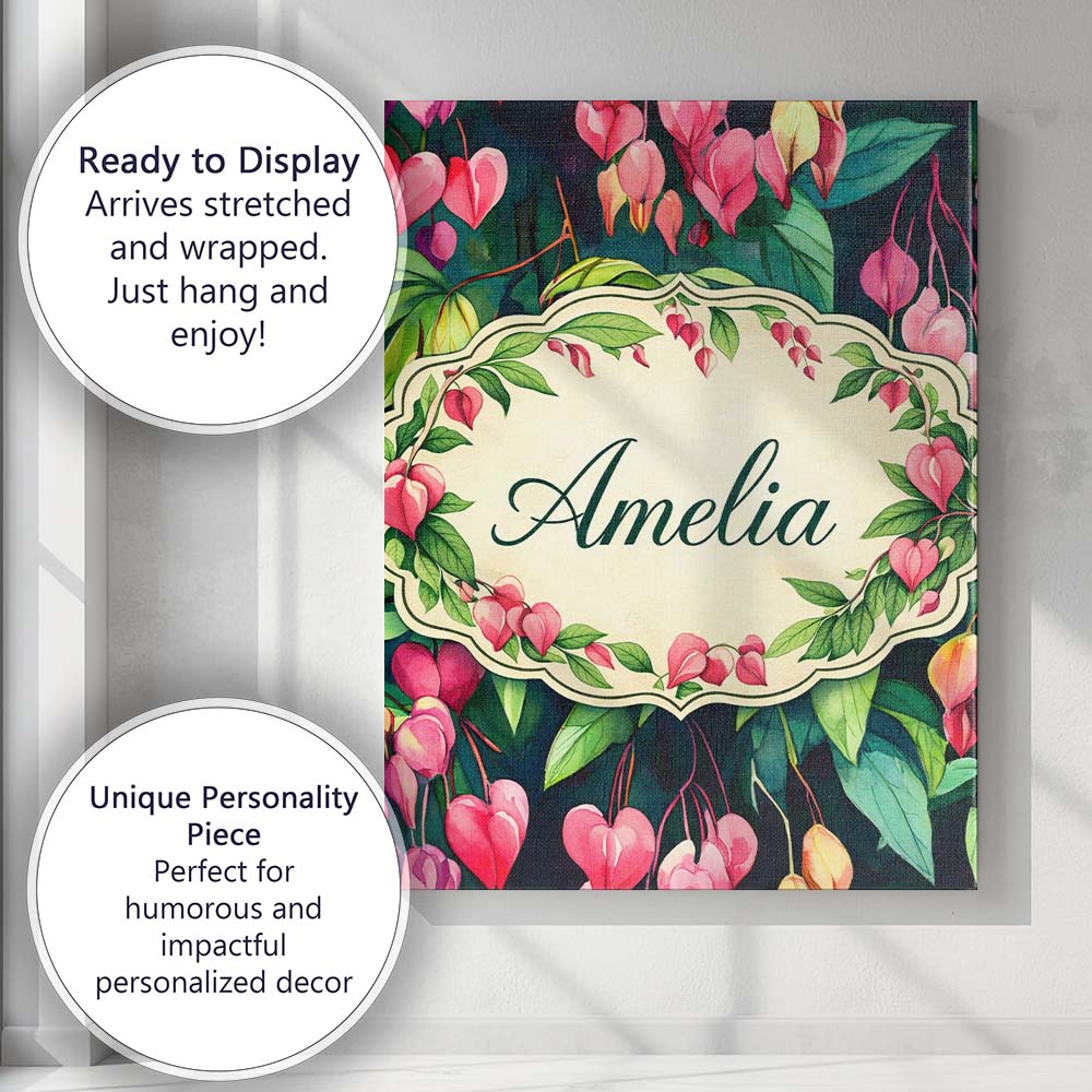 Personalised Name Pink Bleeding Heart Flowers Botanical Watercolor Custom Unique Canvas Wall Art Print Decor Picture Ready to Hang