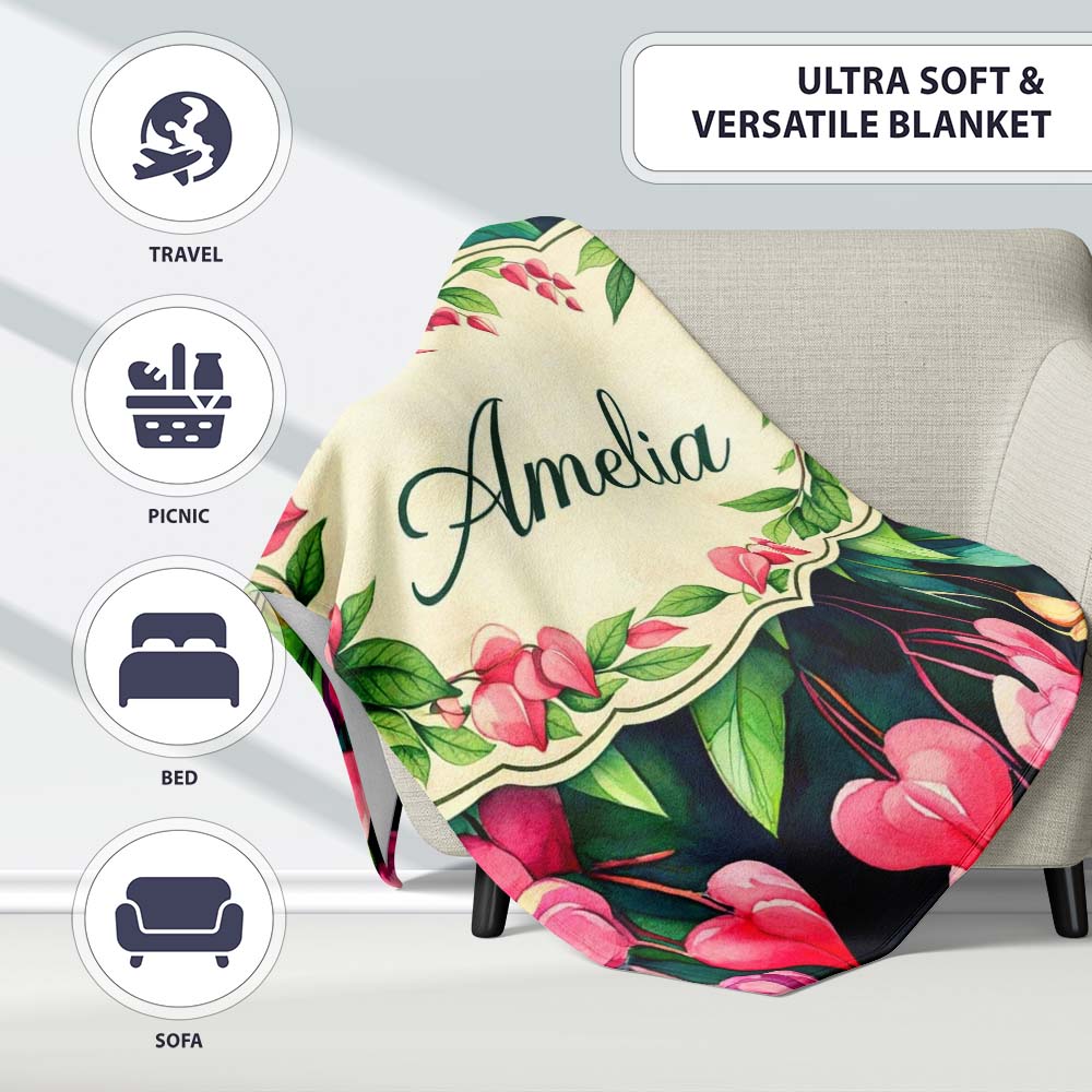 Pink Bleeding Heart Flowers Botanical Watercolor Floral Pattern Personalised Custom Name Super Soft Fleece Blanket Bed Sofa Throw
