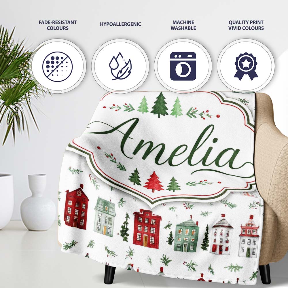 Watercolor Holiday Village Houses Snowy Christmas Town Seamless Personalised Custom Name Super Soft Fleece Blanket Bed Sofa Throw