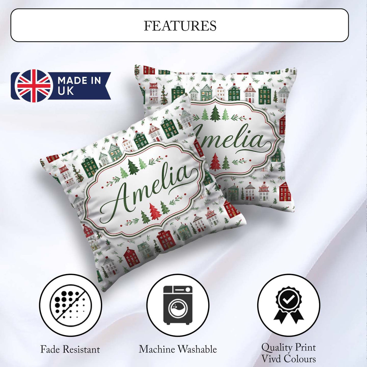 Custom Name Holiday Village Houses Snowy Christmas Town Seamless Square Filled Cushion Throw Pillow Sofa Bed Home Decor Zip Washable UK Made