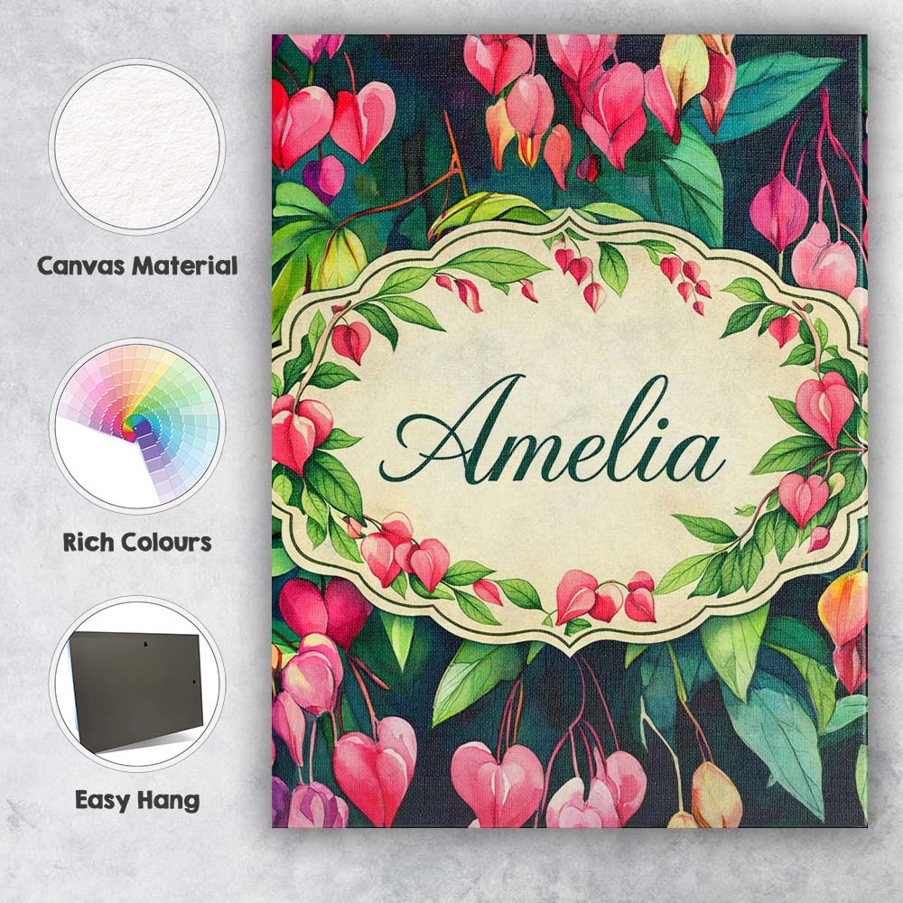 Personalised Name Pink Bleeding Heart Flowers Botanical Watercolor Custom Unique Canvas Wall Art Print Decor Picture Ready to Hang