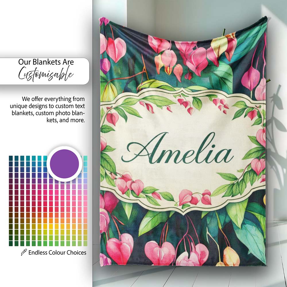 Pink Bleeding Heart Flowers Botanical Watercolor Floral Pattern Personalised Custom Name Super Soft Fleece Blanket Bed Sofa Throw