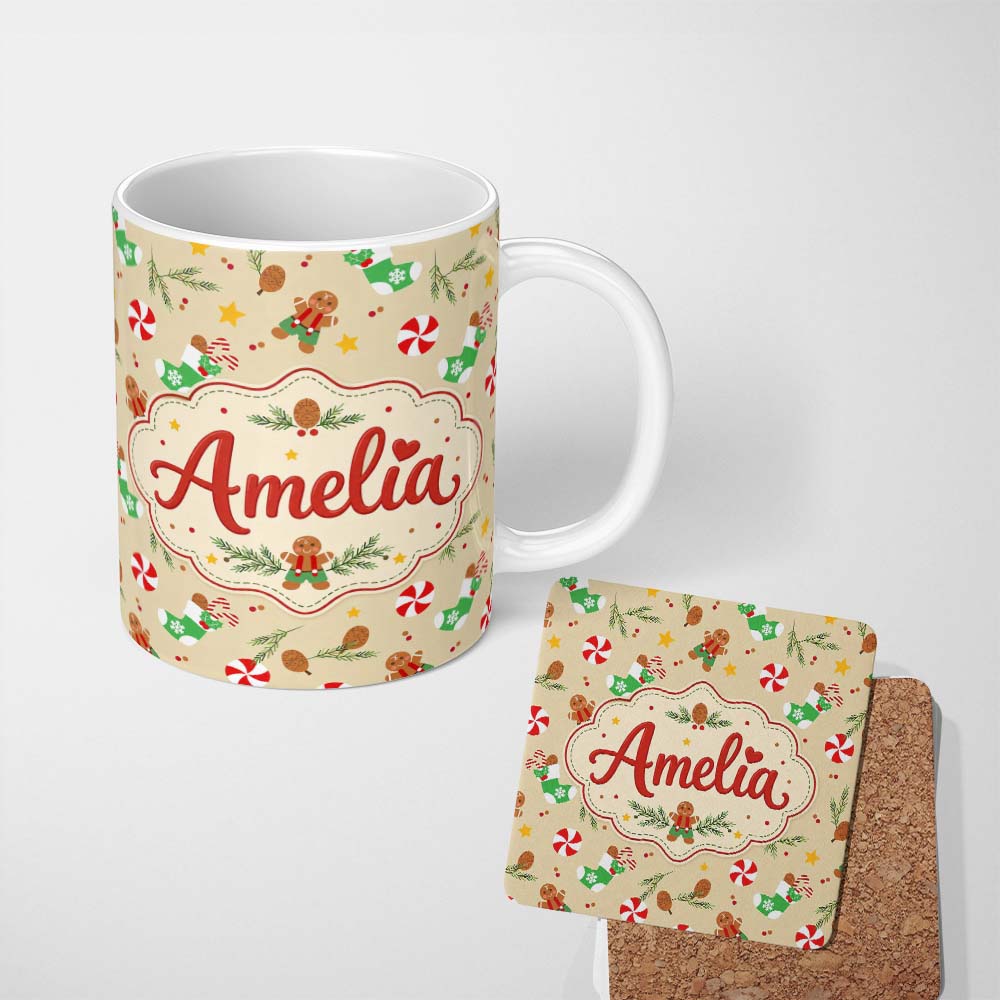 Personalized Custom Name Gingerbread Cookies Candy Cane Socks Pine Branch Festive Seamless 11oz Ceramic Coffee Tea Mug White Large Handle