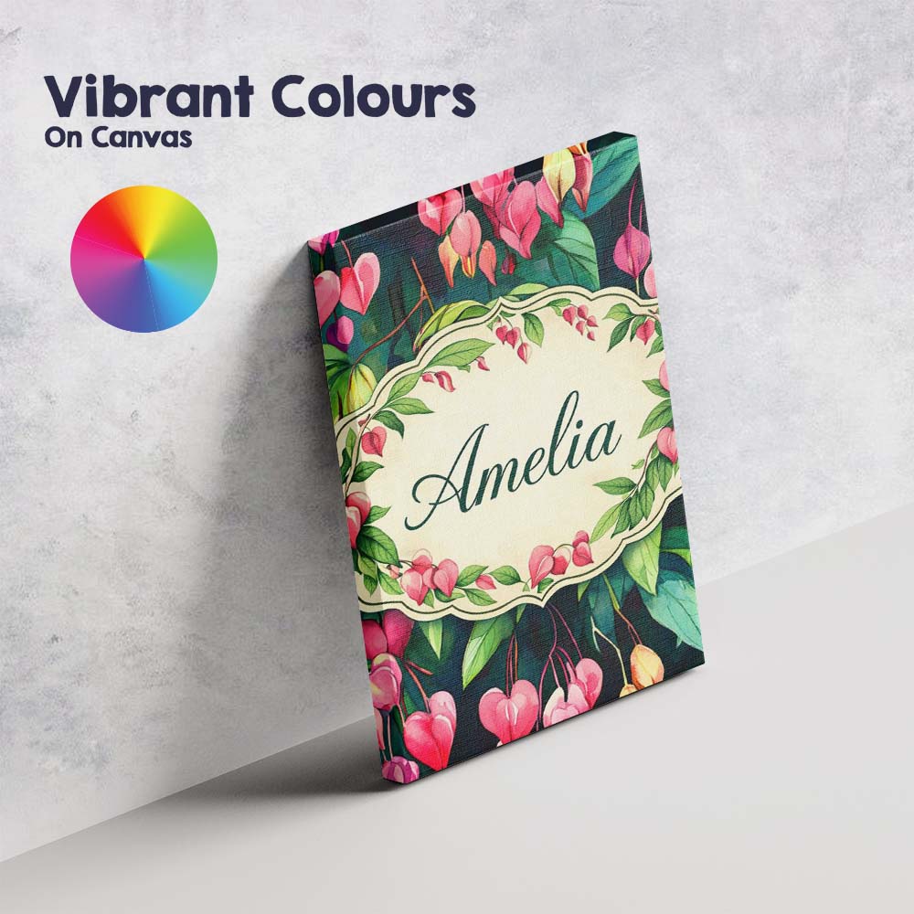 Personalised Name Pink Bleeding Heart Flowers Botanical Watercolor Custom Unique Canvas Wall Art Print Decor Picture Ready to Hang