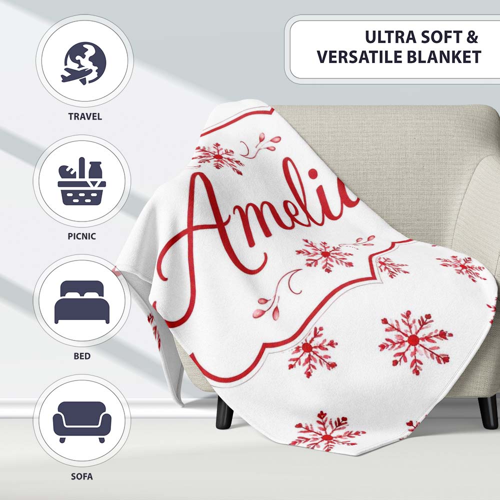 Minimal Red Snowflake Winter Holiday Seamless Pattern Lovely Personalised Custom Name Super Soft Fleece Blanket Bed Sofa Throw
