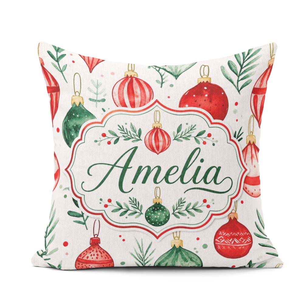 Custom Name Christmas Baubles Ornaments Festive Seamless Pattern Square Filled Cushion Throw Pillow Sofa Bed Home Decor Zip Washable UK Made