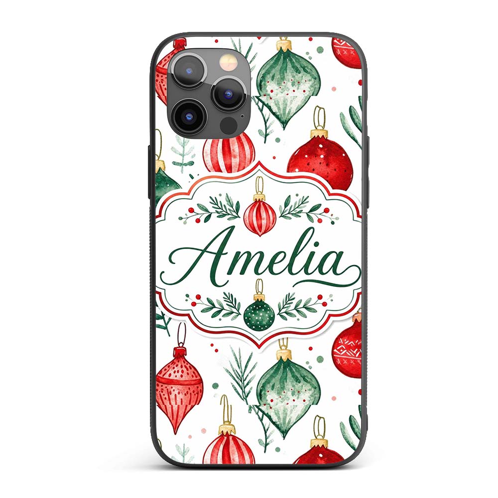 Watercolor Christmas Baubles Ornaments Festive Custom Name Protective Phone Case Mobile Cover Durable Everyday Smartphone Shock Resistant