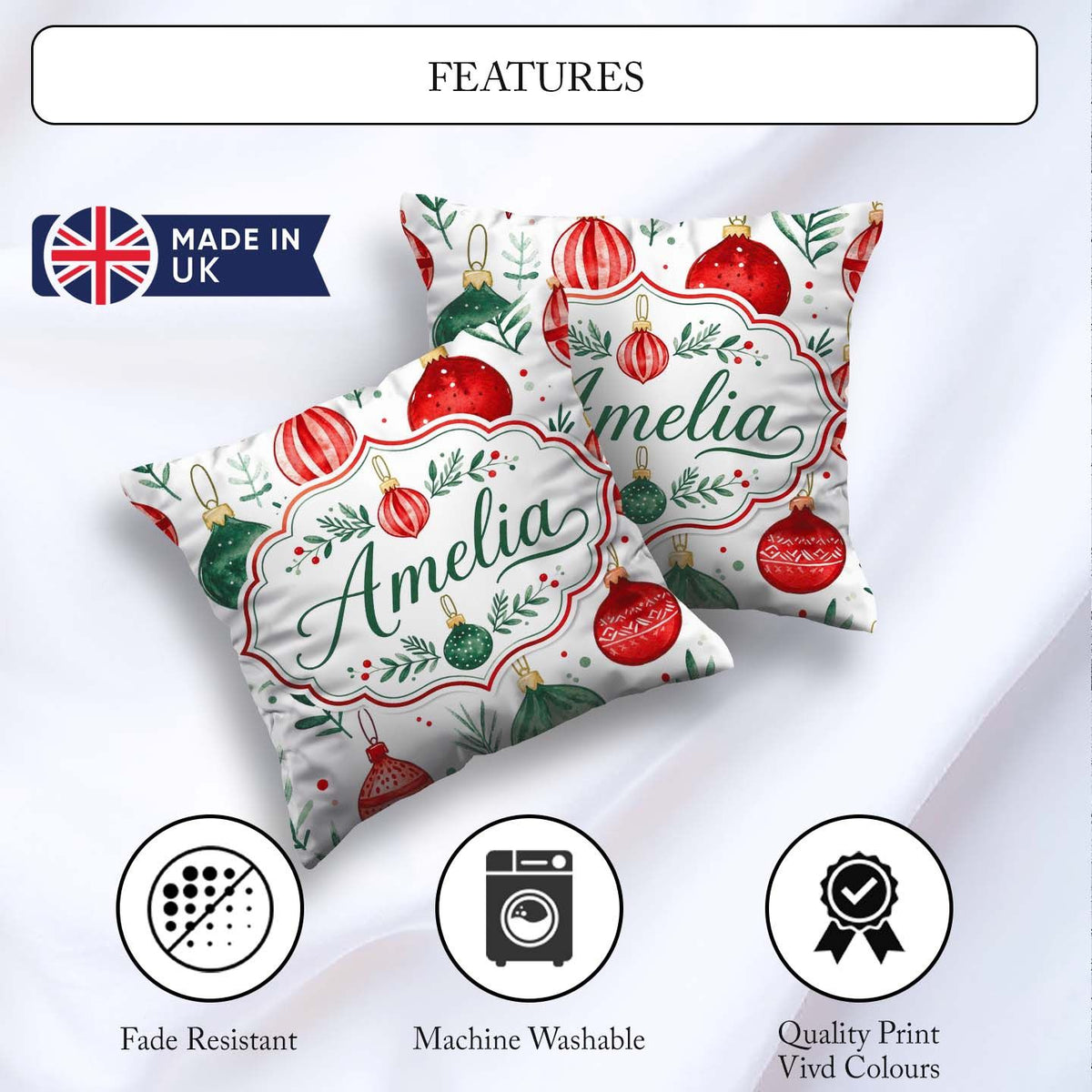 Custom Name Christmas Baubles Ornaments Festive Seamless Pattern Square Filled Cushion Throw Pillow Sofa Bed Home Decor Zip Washable UK Made