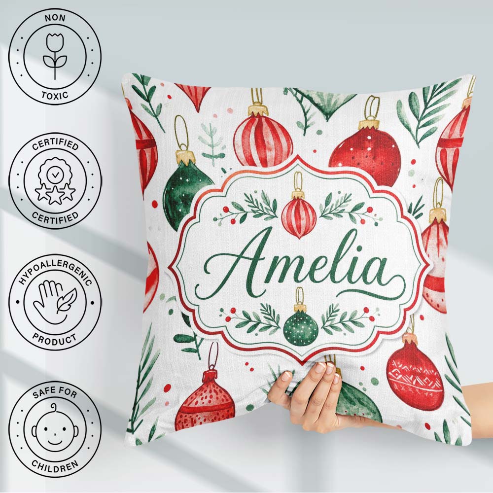 Custom Name Christmas Baubles Ornaments Festive Seamless Pattern Square Filled Cushion Throw Pillow Sofa Bed Home Decor Zip Washable UK Made