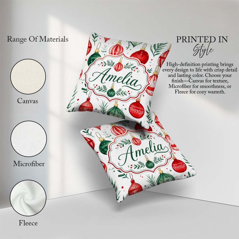 Custom Name Christmas Baubles Ornaments Festive Seamless Pattern Square Filled Cushion Throw Pillow Sofa Bed Home Decor Zip Washable UK Made